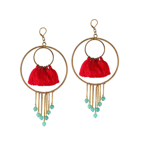 Red Tassel Metal Double Hoopla Earrings